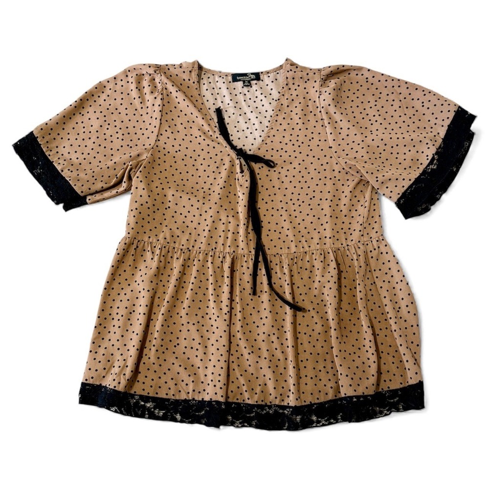 SUZANNE BETRO Women's Medium Polka Dot Tie‎ Neck Peplum Top Black Lace Trim